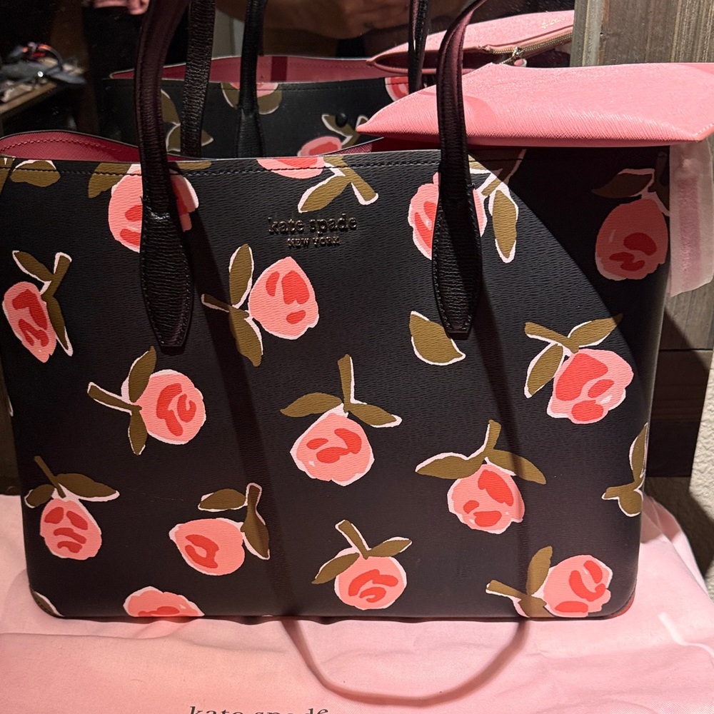kate spade black tote with pink floral print